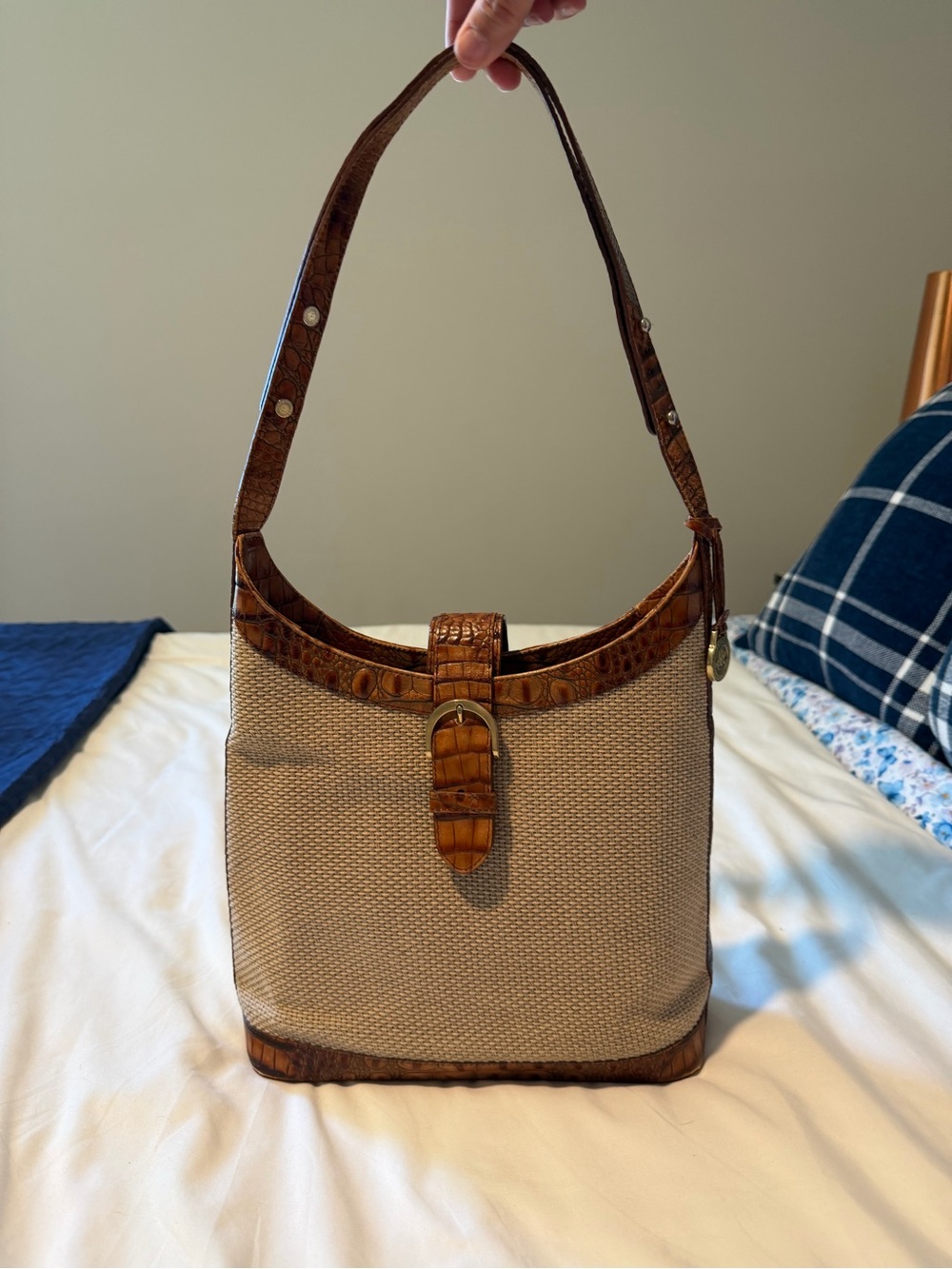 Brahmin Beige Canvas Shoulder Bag with Brown Croc-Trim